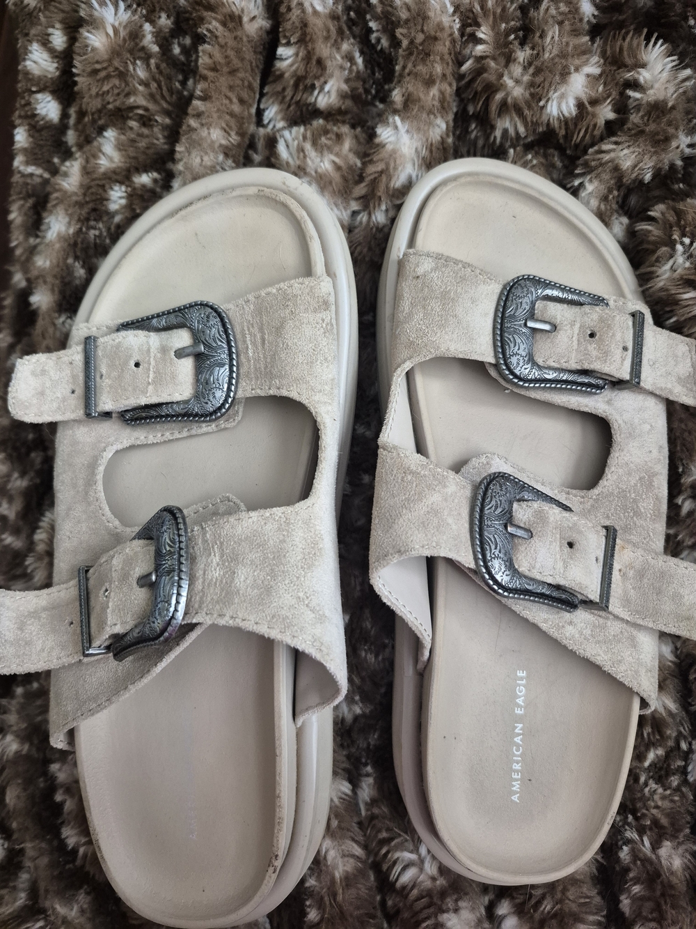 American Eagle Taupe Suede Buckle Slide Sandals